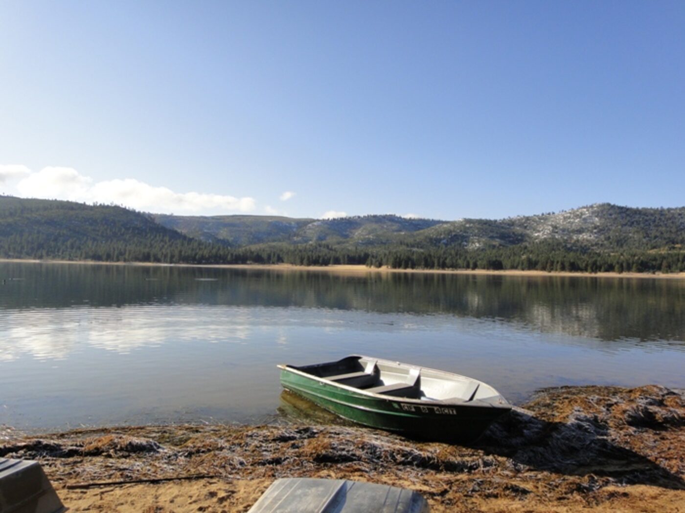An aluminum boat resting on the shoreline