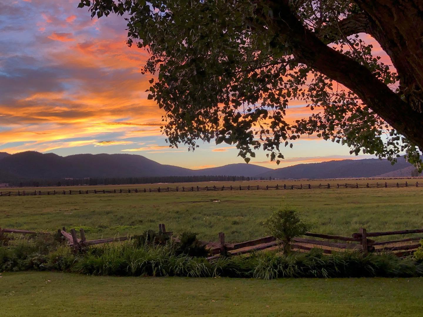 A vivid orange and pink sunset over a ranch pasture with a split-rail fence